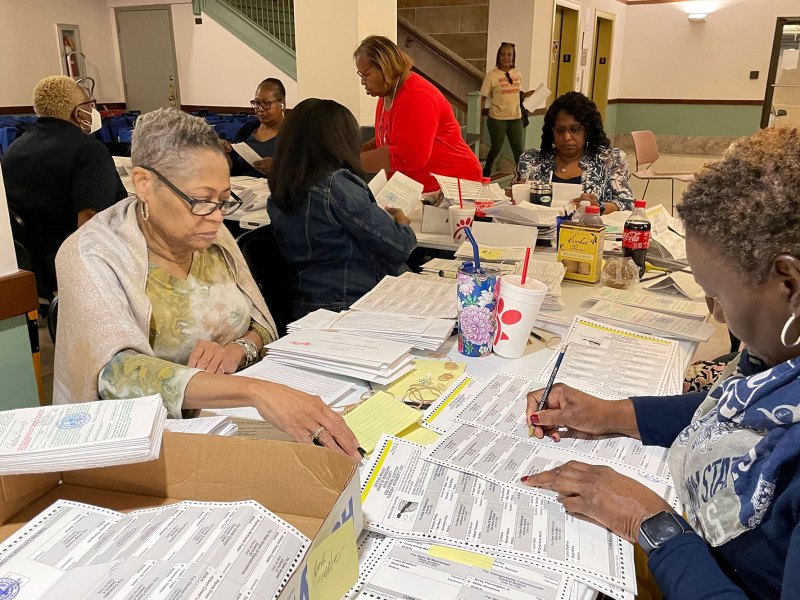 Women sit at long tables and count absentee voter ballots
