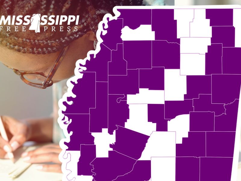 A map of Mississippi counties overlayed over a woman writing