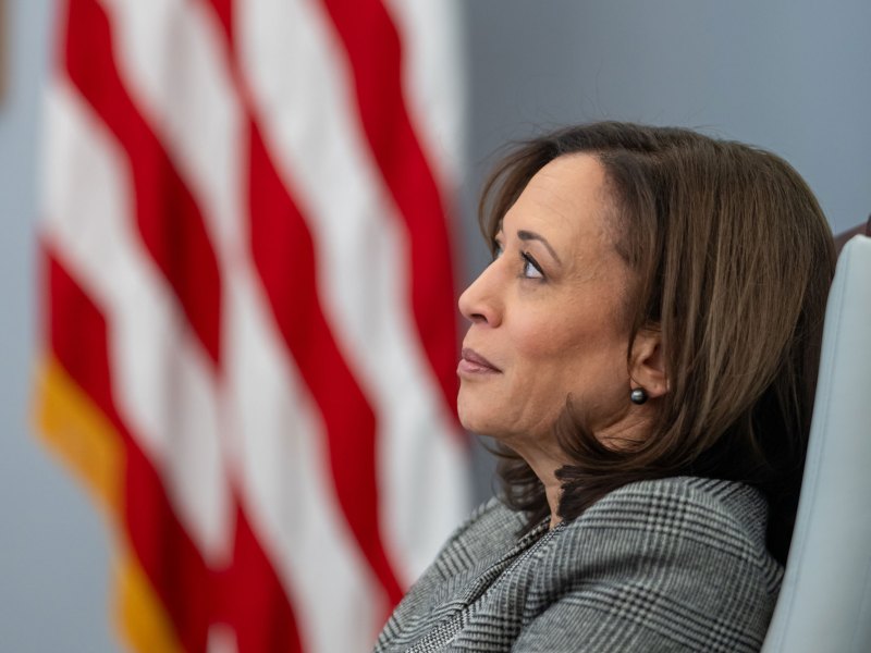 Kamala Harris, seated, looks up and to the left. A U.S. Flag frames her face.