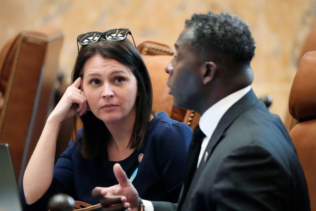 A woman looks on to a man as he speaks in the legislature