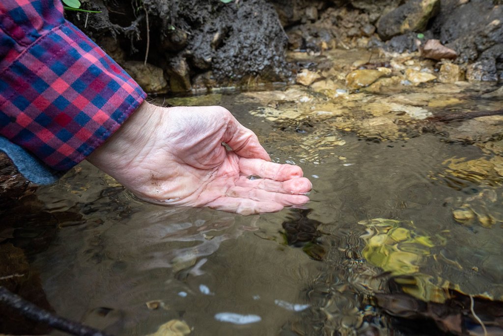 a man's hand scoops up water from a spring