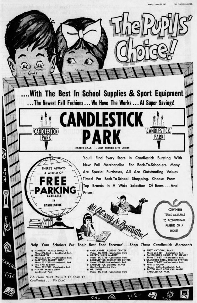 A black and white newspaper ad for Candlestick Park, that claims to be The Pupil's Choice! Its has hand done illustrations of people at the top and inset with the text