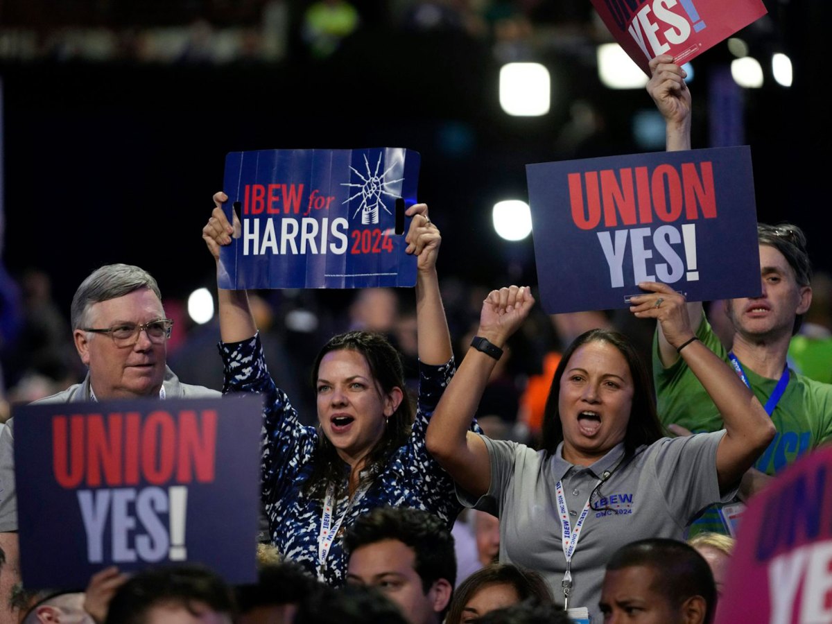 People in a crowd carry signs that read "Union Yes!" and "Ibew for Harris 2024"