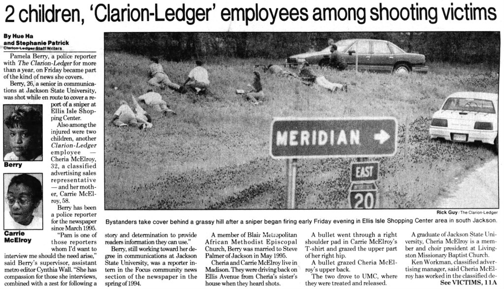 A newspaper clipping with the headline "2 children, 'Clarion-Ledger' employees among shooting victims" Two photo insets show two children, and a main photo shows bysanders on the ground in the grass by the scene