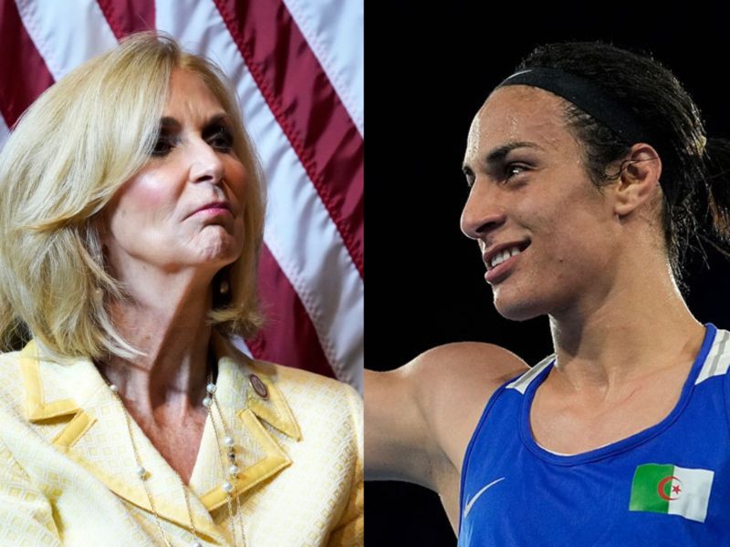 A side by side photo, left showing a woman in yellow sitting in front of a US Flag. Right shows a woman in blue sports gear smiling.