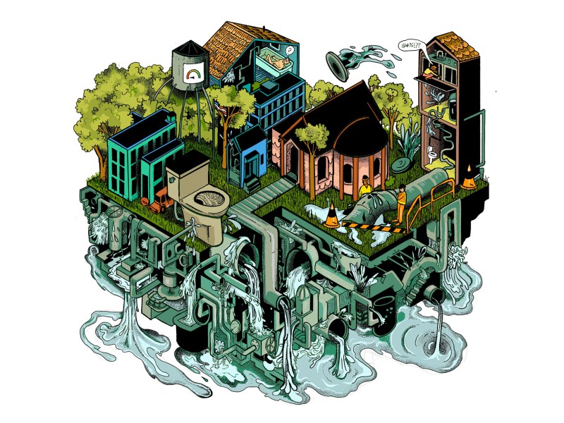 An illustration of a city on top and the city's leaking plumbing below