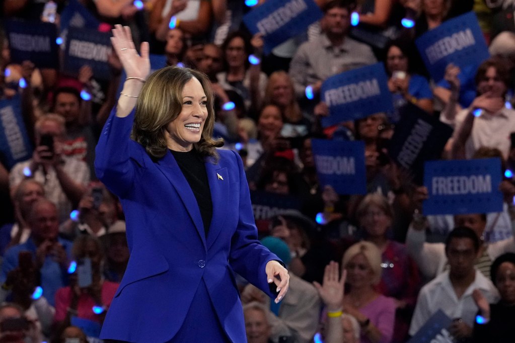 A woman in a blue suit waves to a large crowd, the crowd is holding blue signs that say FREEDOM