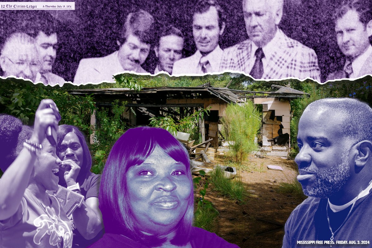A collage of men from an old newspaper along the top, a dilapidated house in the center, and a row of people along the bottom