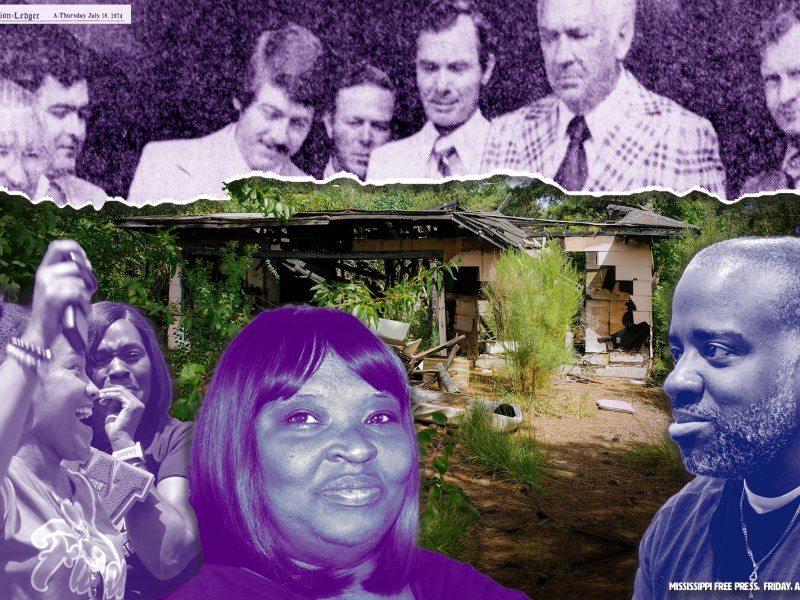 A collage of men from an old newspaper along the top, a dilapidated house in the center, and a row of people along the bottom