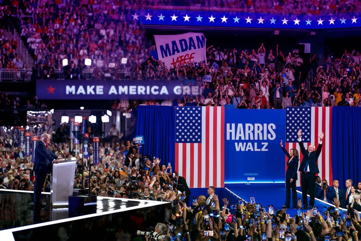 Two gently overlapping campaign rally photos for different political candidates