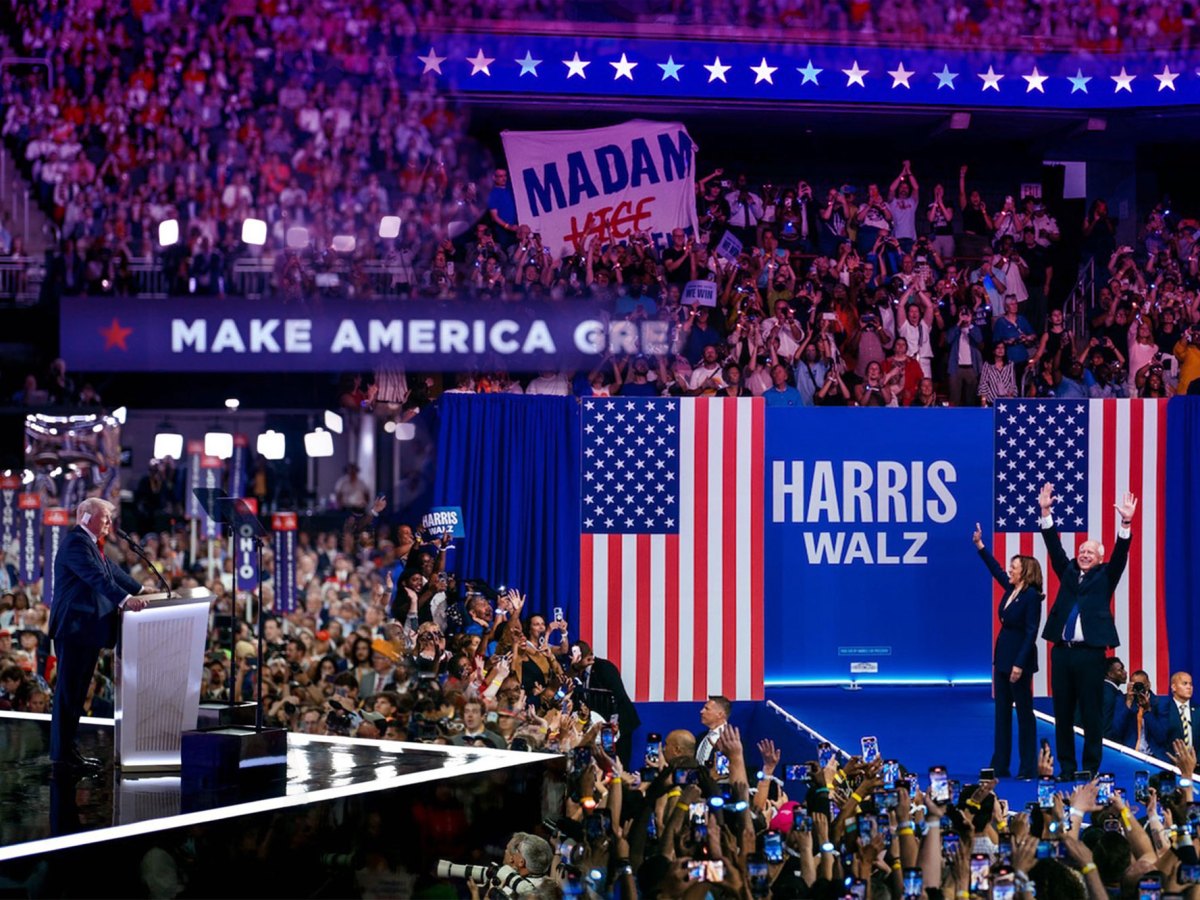 Two gently overlapping campaign rally photos for different political candidates