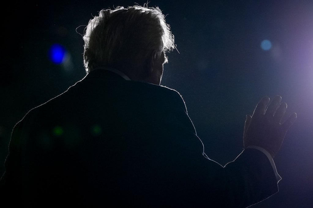 A view of Donald Trump as seen from behind in silhouette