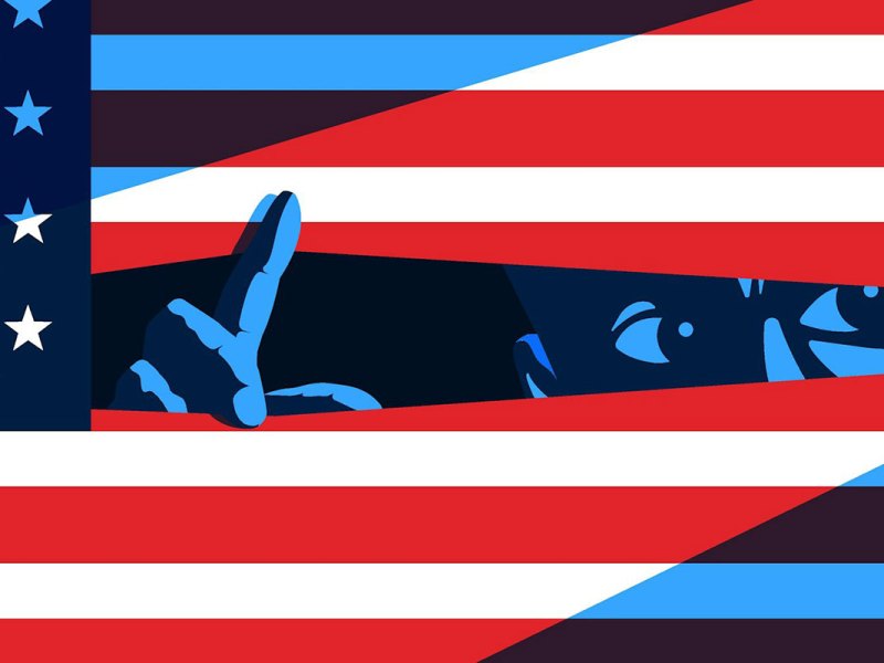 A flat illustration of a blue person peeking through the US flag like the stripes are blinds on a window