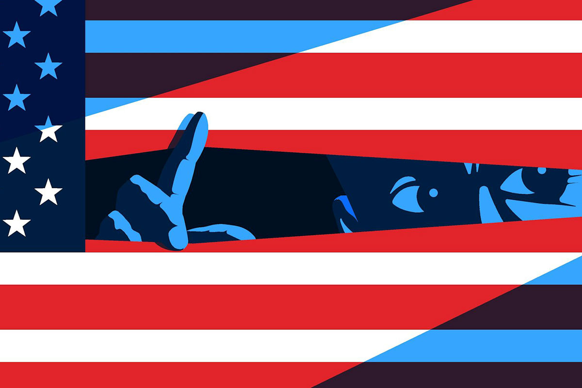 A flat illustration of a blue person peeking through the US flag like the stripes are blinds on a window