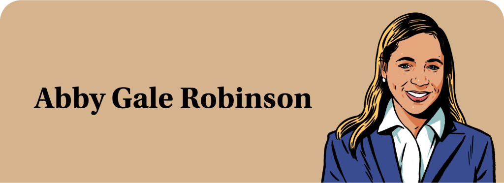 An illustration of Abby Gale Robinson, a Black woman with a light skin tone and long blonde hair, wearing a blue blazer and white blouse.