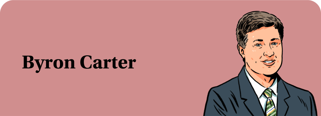 An illustration of Byron Carter, a White man with light brown hair, wearing a suit and tie.