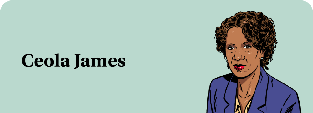 An illustration of Ceola James, a Black woman with short, curly brown hair, wearing a blue blazer.