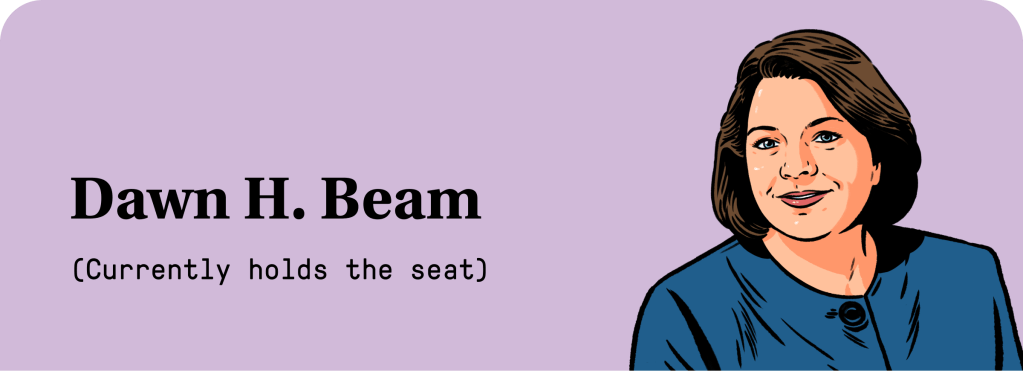 An illustration of Dawn H. Beam, a White woman with straight, shoulder-length brown hair, wearing a blue blouse.