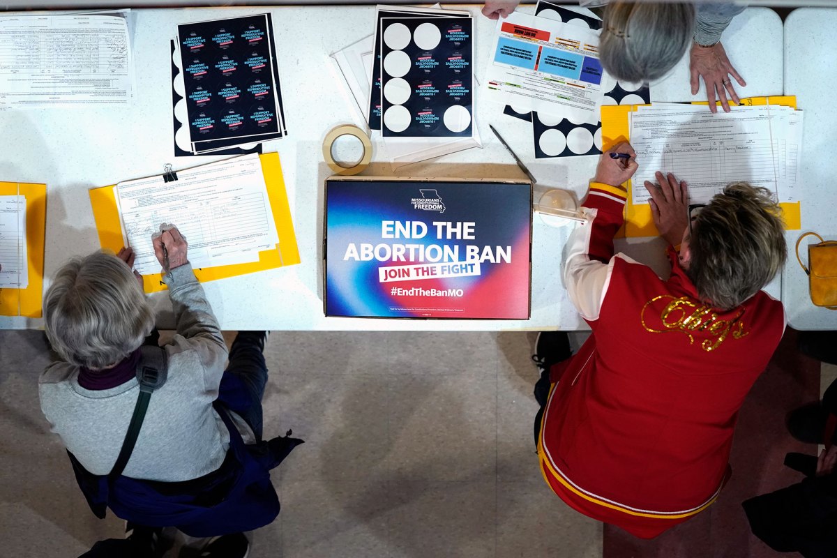 three people lean over a table with a sign that reads End the Abortion Ban, Join the Fight