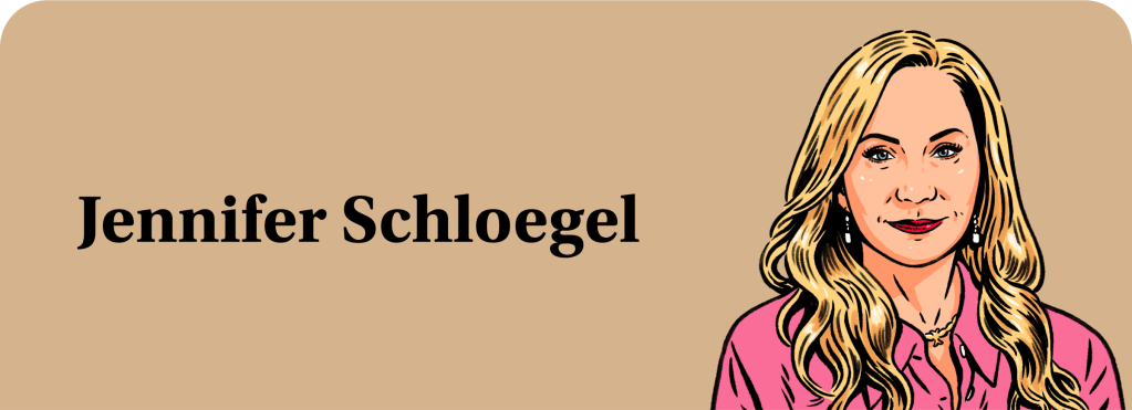 An illustration of Jenifer Schloegel, a White woman with long, wavy blonde hair, wearing a pink blouse.