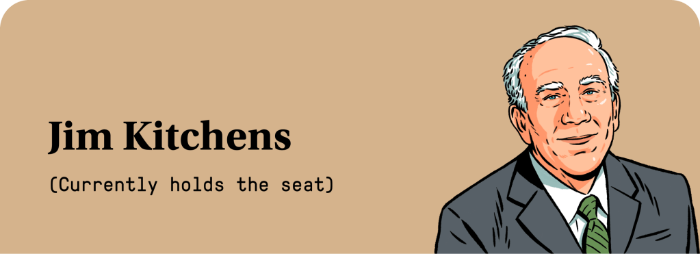 An illustration of Jim Kitchens, a White man with gray-white hair, wearing a suit and tie.