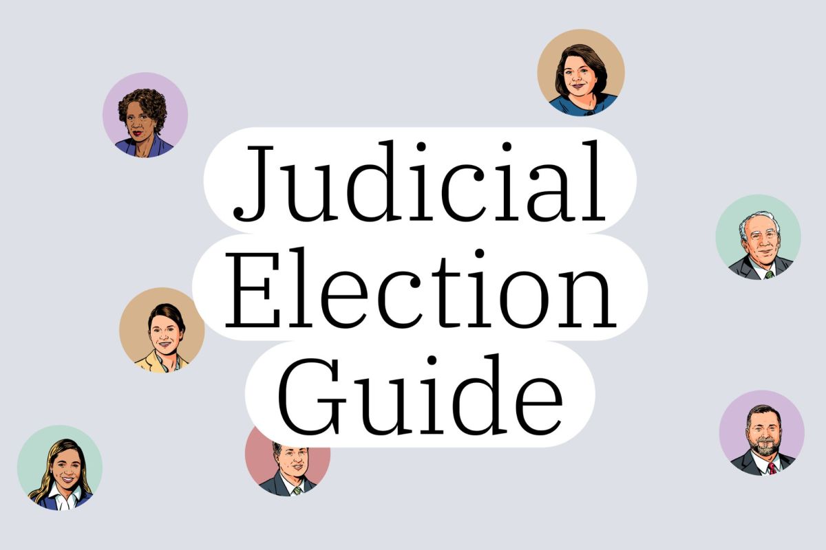 An illustration shows circles with portraits of seven judges and the text: “Judicial Election Guide.”