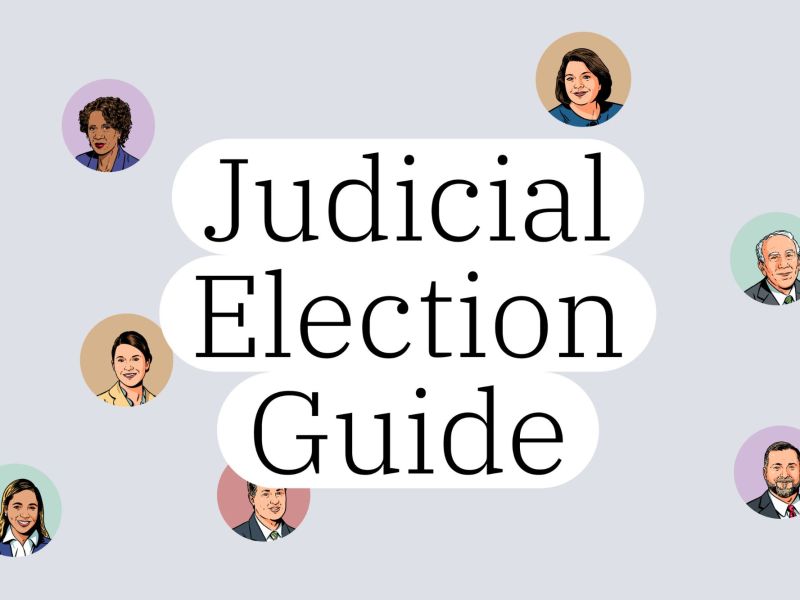 An illustration shows circles with portraits of seven judges and the text: “Judicial Election Guide.”