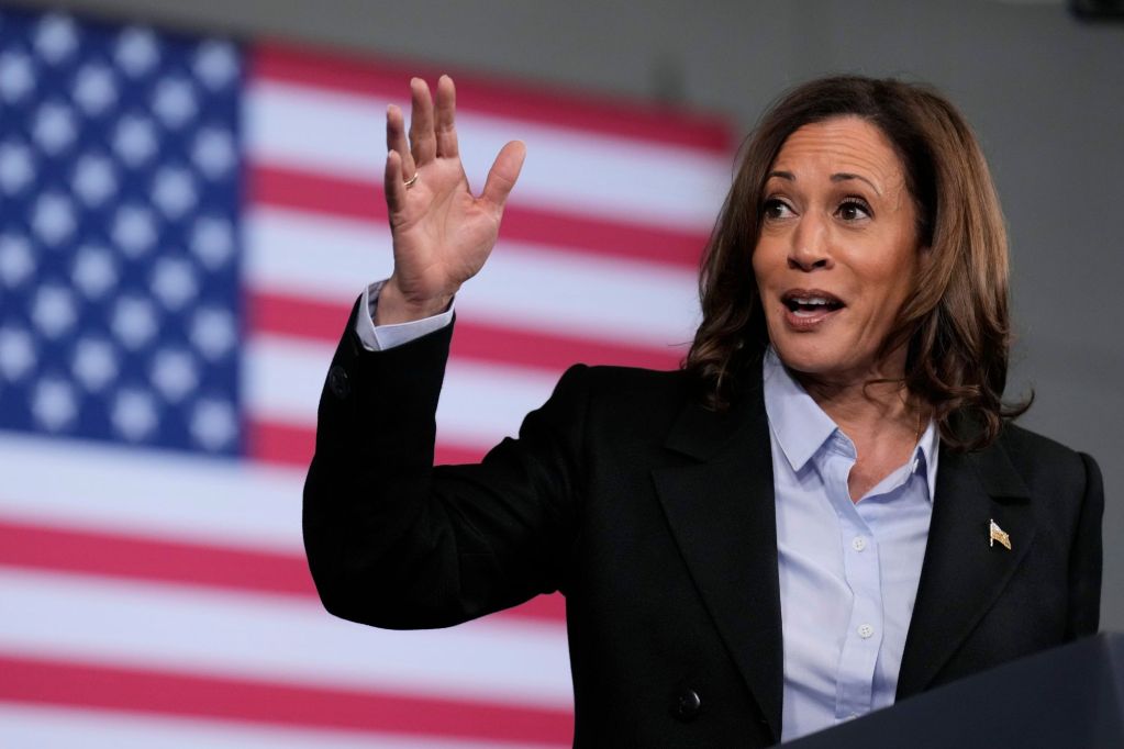 A woman in a black suit jacket and blue button up shirt waves while speaking. The US flag can be seen behind her