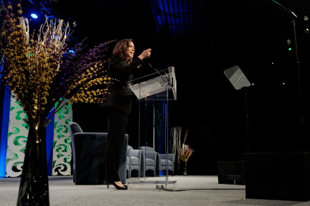 A woman in a black suit stands on stage before a podium, speaking with one arm gesturing forward. A brown plant frames the image to the left.