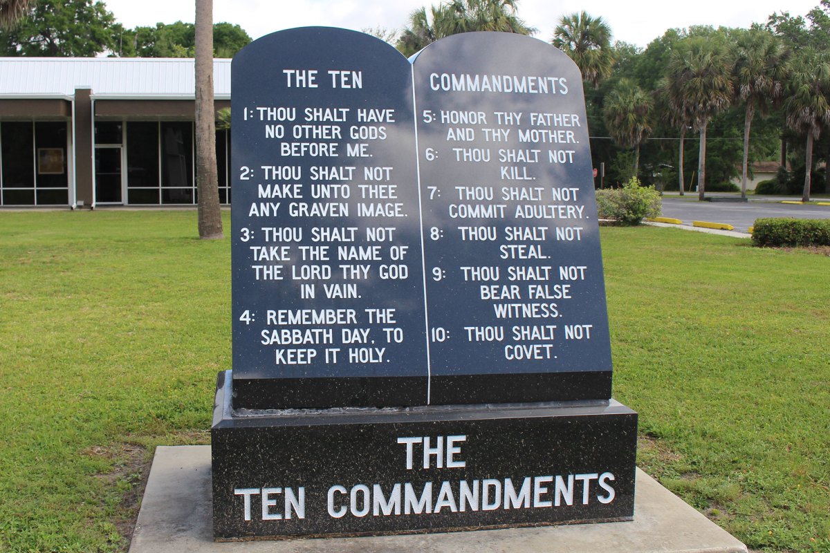 A statue of The ten commandments in front of Chiefland City Hall in Florida