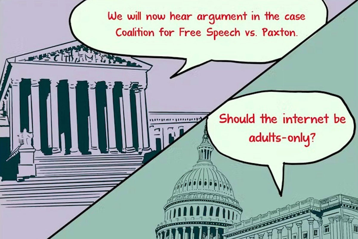A hand drawn photo of the Supreme Court and Congress buildings asking if the internet should be adults-only