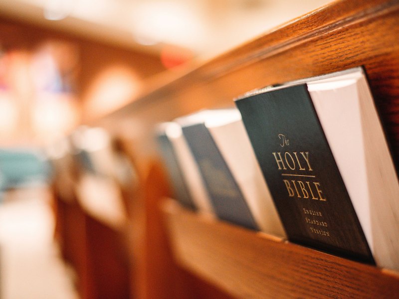 A view of books labeled The Holy Bible lining the back of church pews