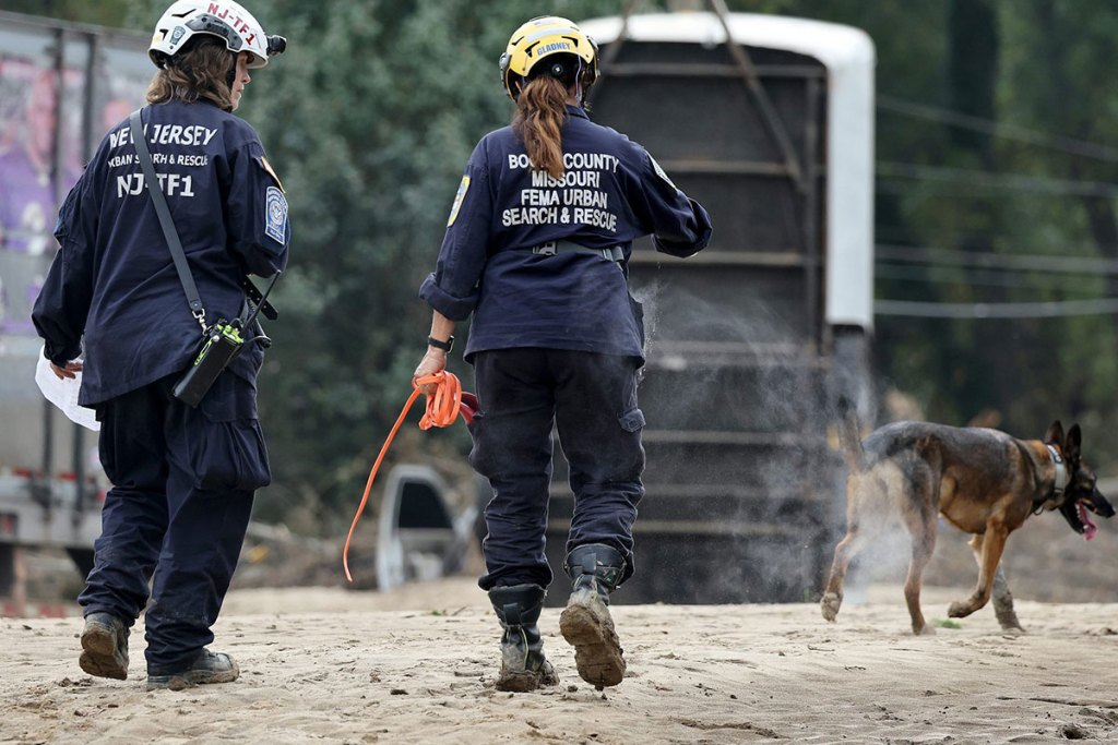 Two people in rugged uniforms and helmets walking along with a dog.
