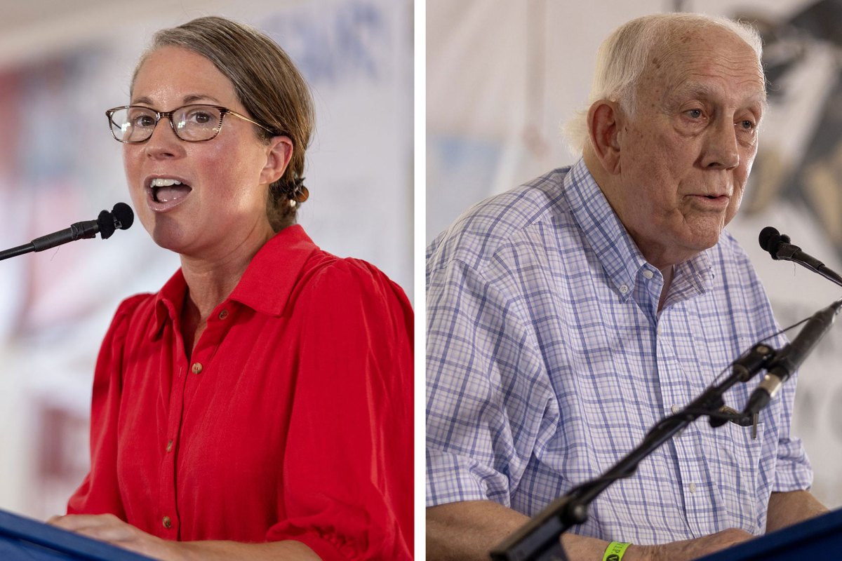 A photo diptych shows a middle-aged White woman with glasses and a red blouse speaking at a podium and an older White man with light gray hair and a blue patterned button-down shirt speaking at a podium.
