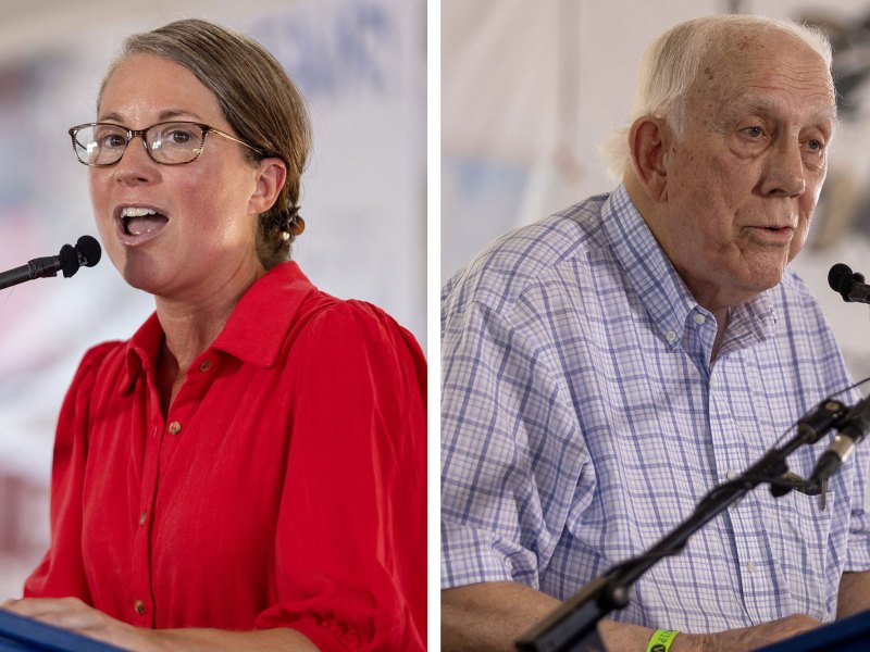 A photo diptych shows a middle-aged White woman with glasses and a red blouse speaking at a podium and an older White man with light gray hair and a blue patterned button-down shirt speaking at a podium.