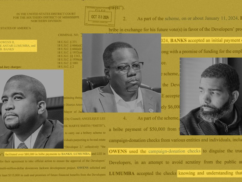 A collage shows black-and-white photographs of three Black men and excerpts from a court indictment document on a yellow background.