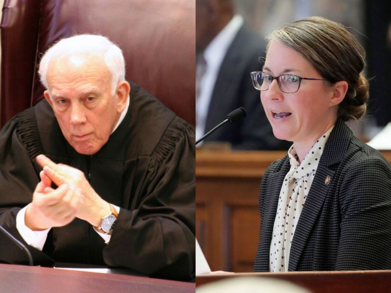 Side by side photo of an older man on the left and a younger woman on the right