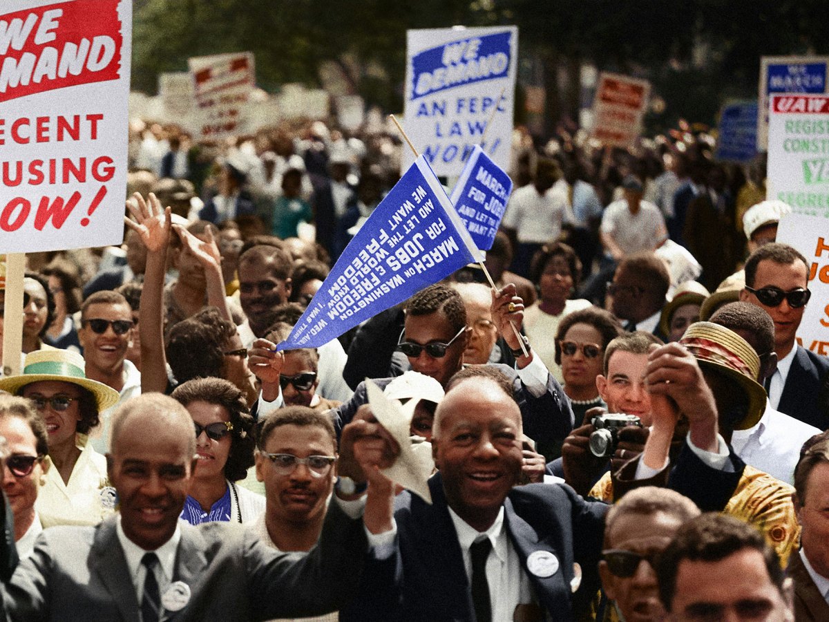 Civil Rights March on Washington, D.C. [Leaders of the march leading marchers down the street.