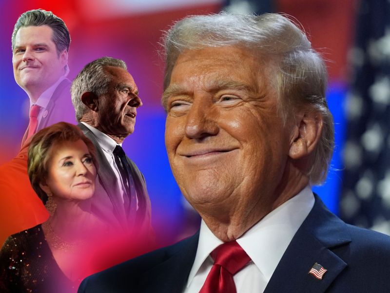 A collage image of a smiling Donald Trump looking to the left. On the left are an inset two men and a woman staggered down a line