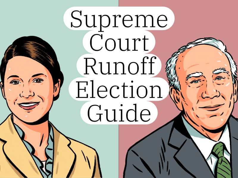 An illustration shows portraits of judicial candidates Jenifer B. Branning, left, and Jim Kitchens, right, and the words “Supreme Court Runoff Election Guide.”