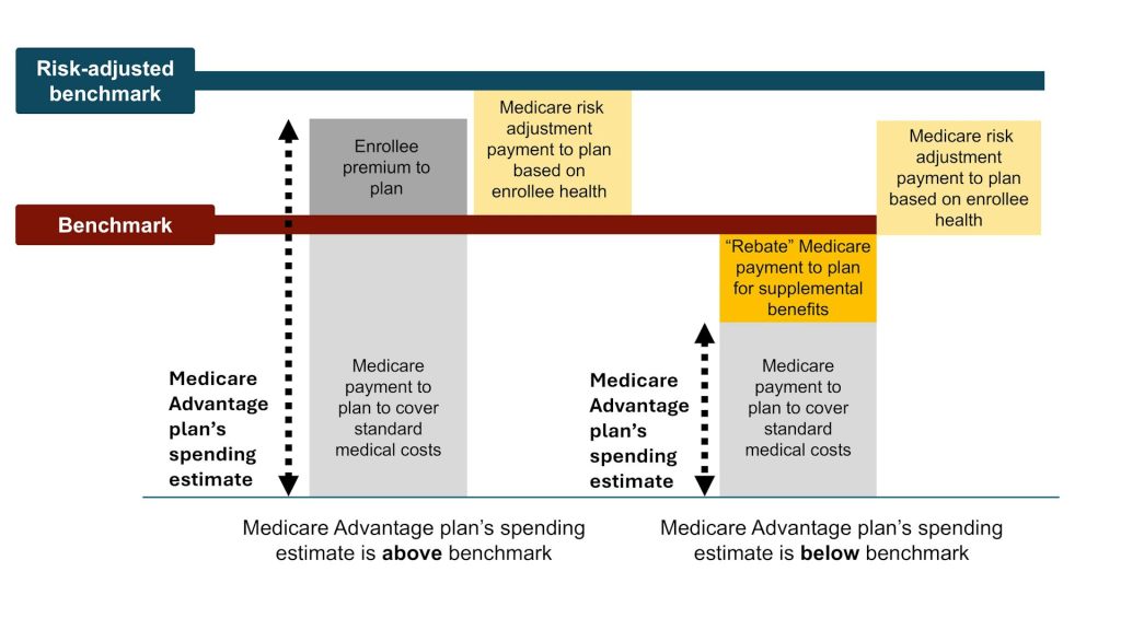 Two sets of stacked boxes with dotted arrows on the left side of each labeled Medicare Advantage Plan Bid sit below vertical bars labeled Benchmark and Risk-Adjusted Benchmark