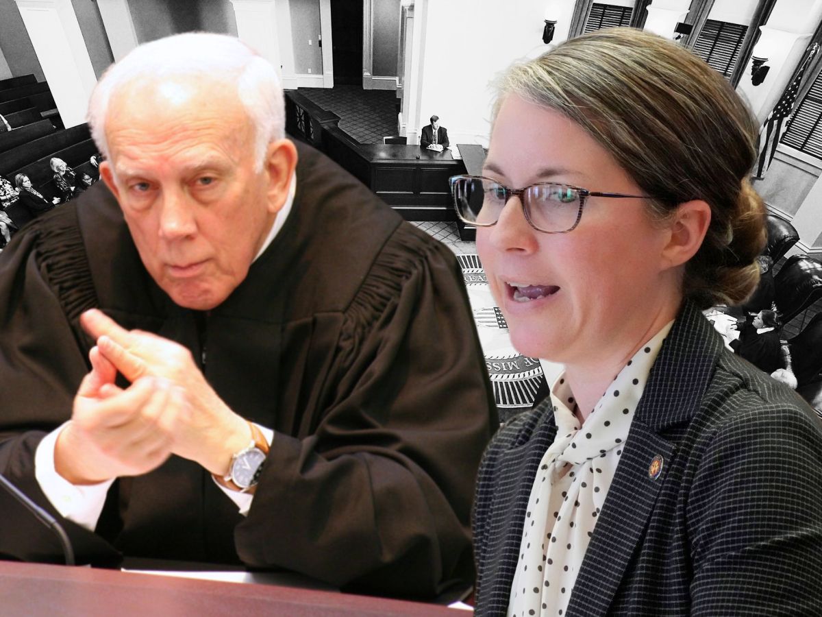 A collage of an older man in judge's robes and a woman in a suit