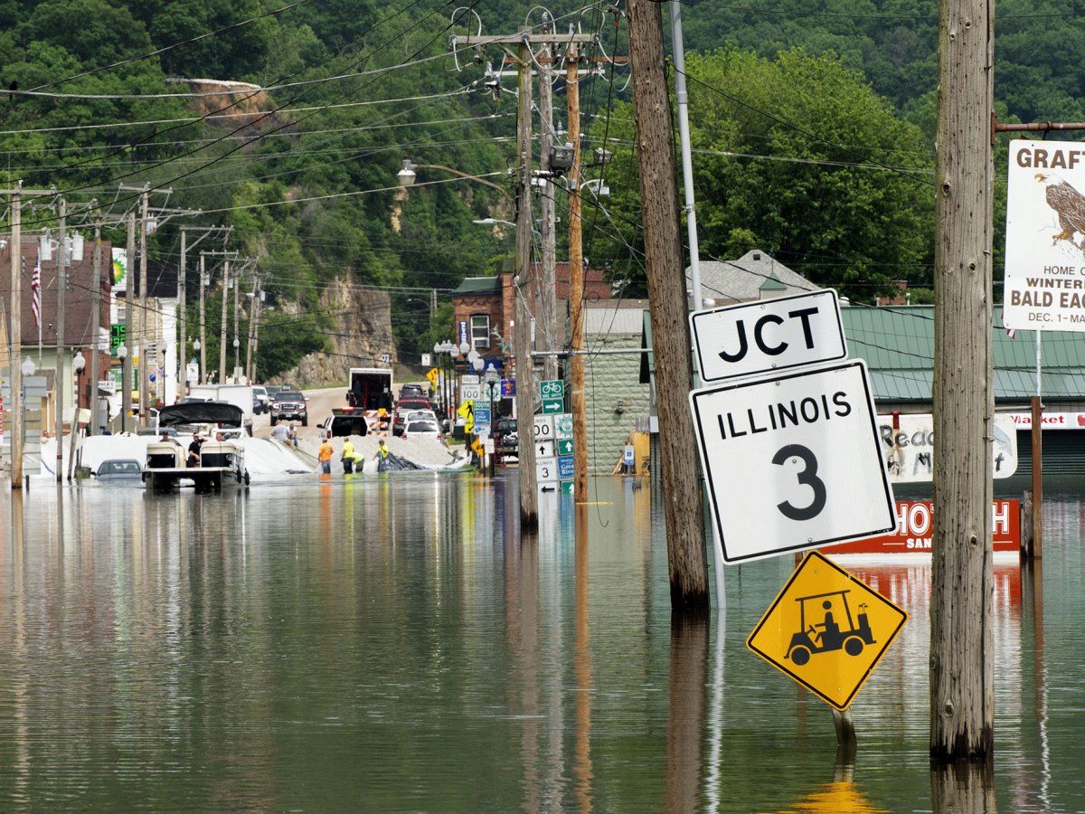 Flood waters in a small town.