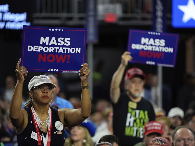 People in a large crowd hold up signs that read Mass Deportation NOW! 2024