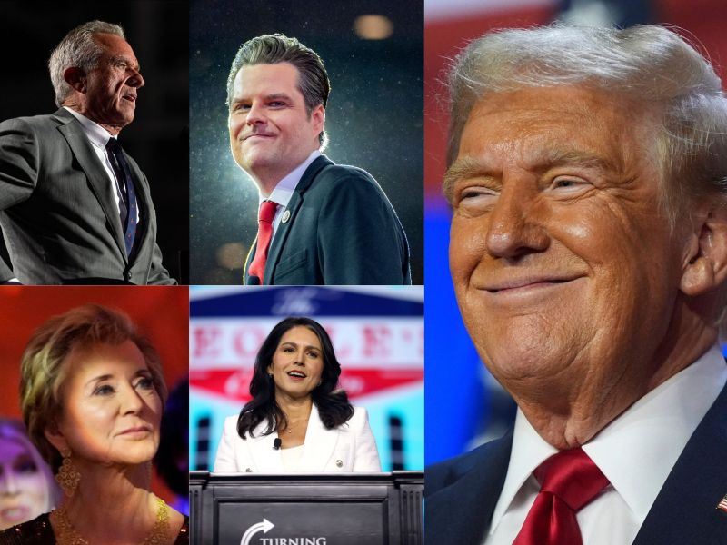 A grid of men and women beside a photo of Donald Trump