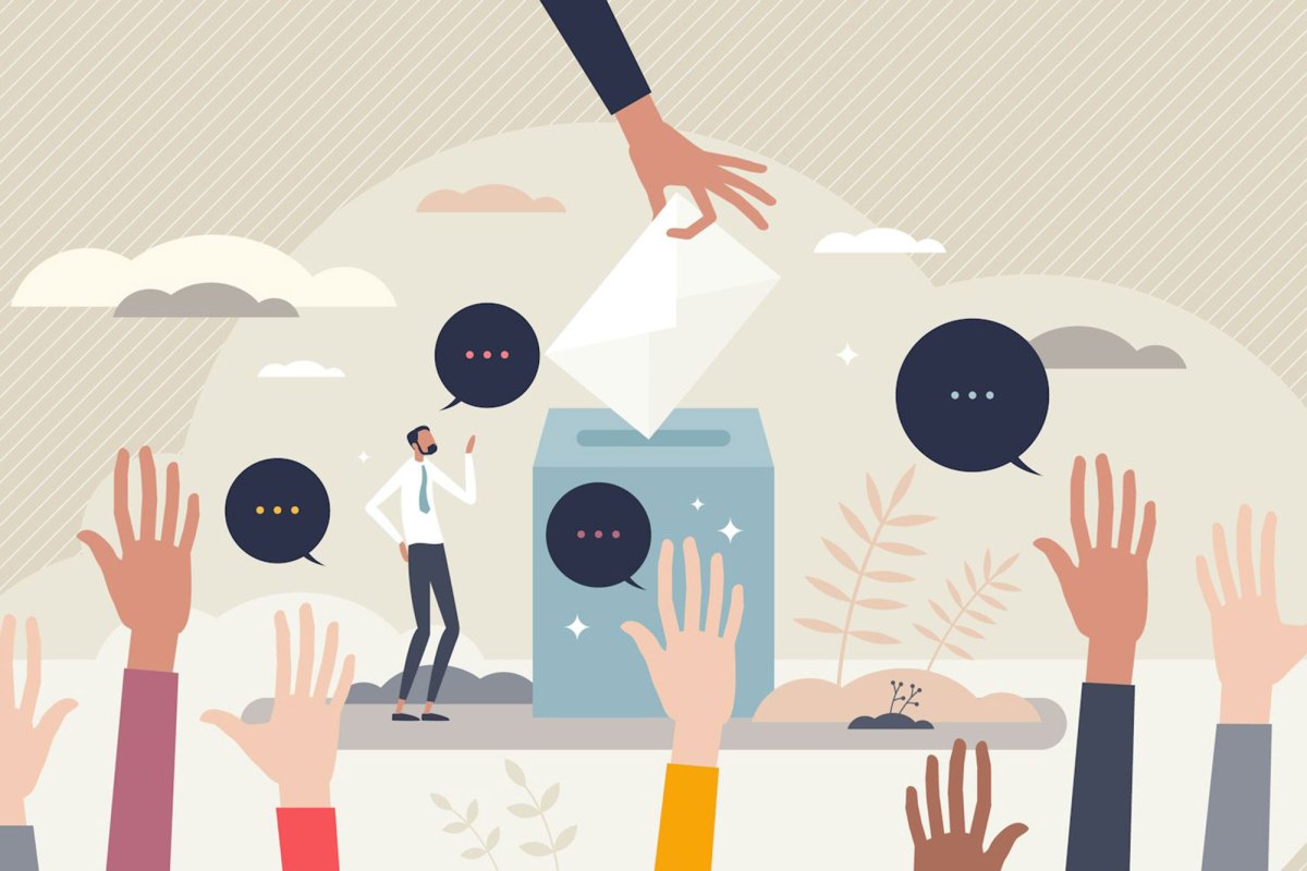 An illustration of hands raised with speech bubbles next to them that only say "..." In the background you see a hand dropping a paper into a box