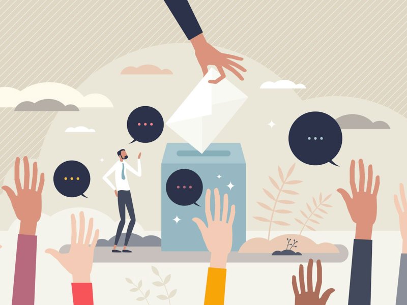 An illustration of hands raised with speech bubbles next to them that only say "..." In the background you see a hand dropping a paper into a box