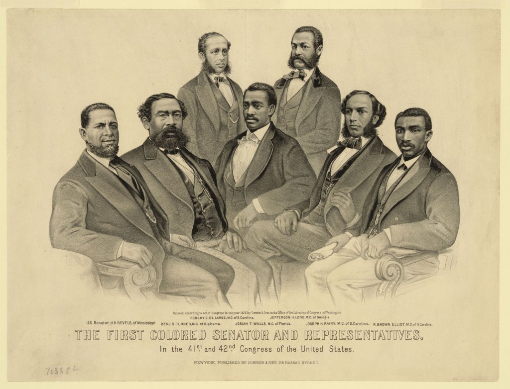 A sepia-toned illustration shows a group of seven Black men wearing suits. The bottom of the illustration reads “The First Colored Senator and Representatives.”