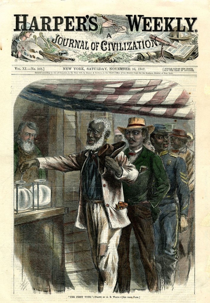 An illustrated magazine cover shows an older Black man at a voting station. The top of the image reads “Harper’s Weekly: A Journal of Civilization.”