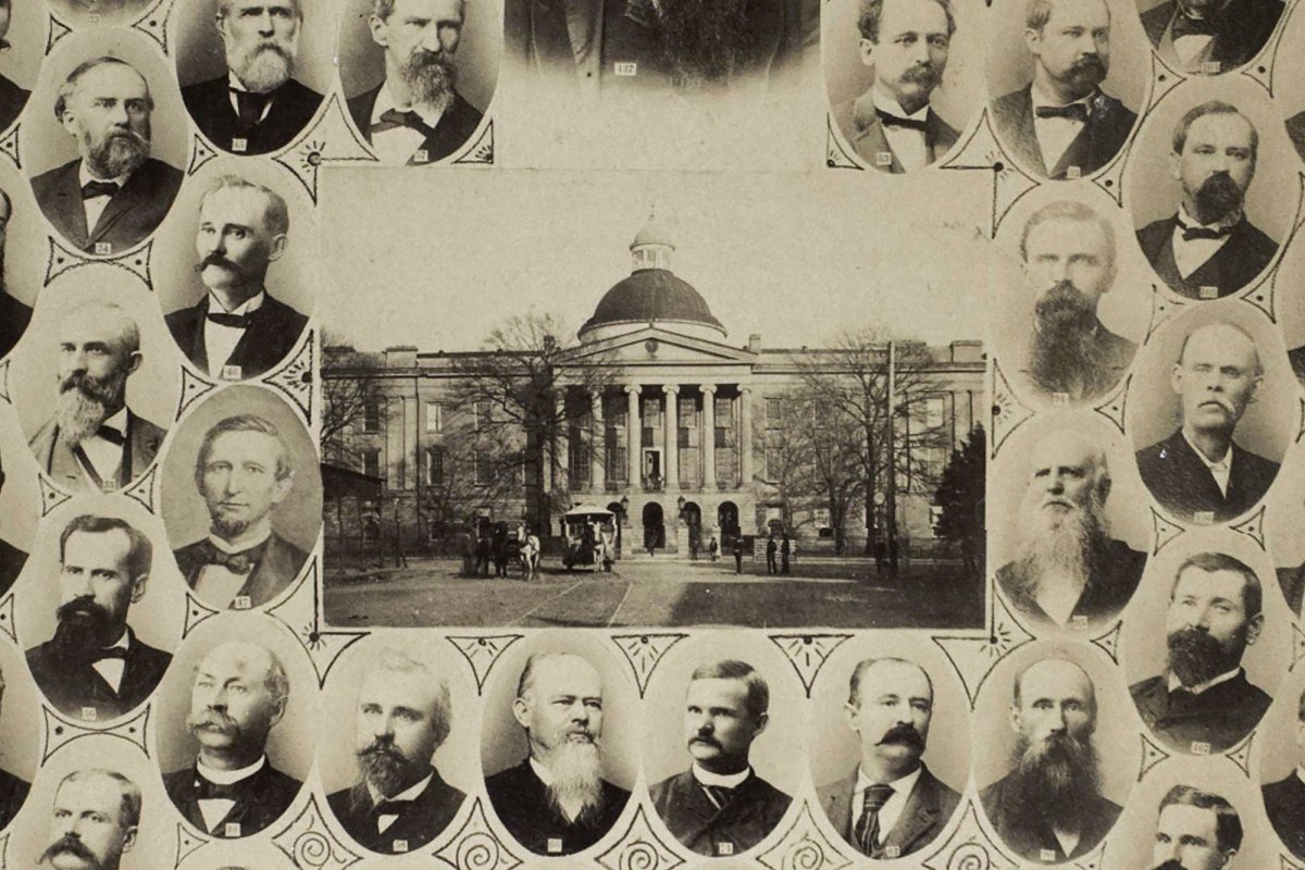 An old collage of white old men's faces in circles, surrounding the Mississippi capitol building
